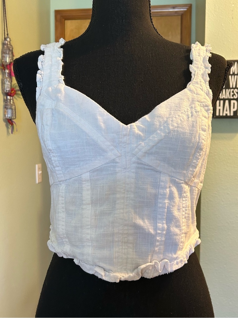 BP white sleeveless cropped top with ruffles v-neck smocked back cotton size M